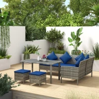 Outsunny 5 Pieces Wicker Patio Conversation Dining Furniture Set with Cushions, Table and Ottomans, Navy Blue(m-8)