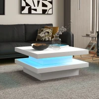 HOMCOM Square Coffee Table with 7 LED Lights and Remote, 2-Tier Modern Center Table for Living Room, White(m-1)