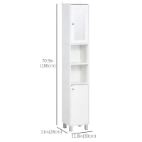 kleankin Tall Bathroom Storage Cabinet with Mirror, Freestanding Narrow Linen Tower Cabinet with Adjustable Shelves for Bathroom, White(m-3)