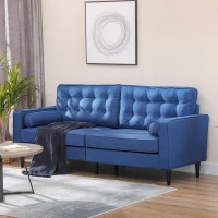 HOMCOM Mid-Century Sofa, Couch with Button-Tufted Back Cushion, Velvet Feel Fabric Upholstery, 2 Cylindrical Pillows and Rubber Wood Legs for Living Room, Dark Blue(m-8)