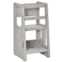 Qaba Toddler Tower with Adjustable Height, Toddler Kitchen Stool Helper with Anti-slip Mat, Step Stool for Kitchen, Bathroom, Gray(m-1)