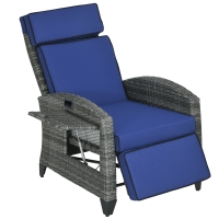 Outsunny Outdoor Recliner Chair with Cushions, Reclining Patio Lounge Chair with Adjustable Footrest, Armrests, Tray Table, Blue