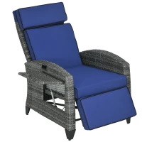 Outsunny Outdoor Recliner Chair with Cushions, Reclining Patio Lounge Chair with Adjustable Footrest, Armrests, Tray Table, Blue(m-1)