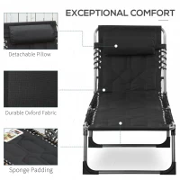 Outsunny Folding Chaise Lounge Chair, Outdoor Padded Reclining Chair with 5-position Adjustable Backrest, Pillow and Pocket for Patio, Deck, Beach, Lawn and Sunbathing, Black(m-5)