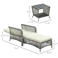 Outsunny 2 Pieces Wicker Patio Lounge Set w/ Cushions, Outdoor PE Rattan Sun Lounger Sets w/ 5-Level Reclining Chaise Chair & Two-tier Glass Top Coffee Table, Cream White(m-3)