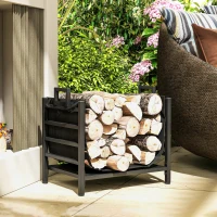 Outsunny Outdoor Firewood Rack with Log Carrier, Heavy Duty Steel Wood Log Storage Stacker for Fireplace, Black(m-8)