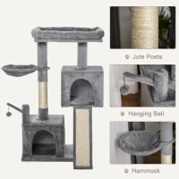 PawHut Cat tree Tower Climbing Kitten Activity Center Furniture with Sisal Scratching Post Pad Hammock Perch Condo Hanging Balls 23.5" x 15.75" x 43.75" Grey(m-5)