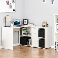 HOMCOM Convertible L-Shaped Computer Desk, Corner Table wth 3 Fabric Storage Boxes, Retractable Home Office Desk, White(m-4)