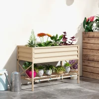 Outsunny Galvanized Raised Garden Bed, Metal Planter Box with Legs, Storage Shelf and Bed Liner, Cream(m-2)