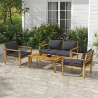 Outsunny 4 Piece Patio Sofa Set, Acacia Wood Outdoor Furniture with Cushions, Table, Backyard Lawn Porch Sofa, Gray(m-10)