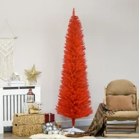 HOMCOM 7FT Decorated Christmas Tree, Pencil Christmas Tree with 499 Realistic Branch Tips and Plastic Stand, Red(m-10)