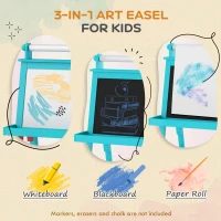 Qaba Double Sided Easel for Kids, Standing Toddler Easel with Paper Roll, Magnetic Whiteboard, Chalkboard & Storage, Blue(m-4)