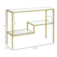 HOMCOM Gold Console Table, 39" Tempered Glass Behind Sofa Table, Narrow Entryway Table with Storage Shelves, Steel Frame for Living Room Furniture, Hallway Furniture, Glass Table(m-3)