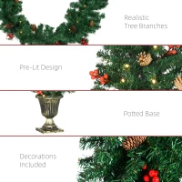 HOMCOM Prelit Holiday Christmas 4-Piece Set, Garland Wreath and Set of 2 Entrance Trees with Warm White LED Lights, Red Berries, Pine Cones, Green(m-7)
