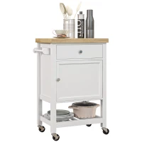 HOMCOM Kitchen Island on Wheels, Rolling Kitchen Cart with Rubberwood Top, Drawer, Wine Rack and Cabinet, White(m-11)