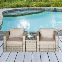 Outsunny 3 Piece Patio Furniture Set, PE Rattan Small Wicker Balcony Furniture, Table & Chairs with Cushions Composite Table, Conversation Set for Apartment, Gray(m-2)