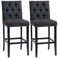 HOMCOM Fabric Bar Stool Set of 2, Tall 29.5" Seat Height Bar Chairs with Tufted Back & Wood Legs, Dark Grey(m-2)