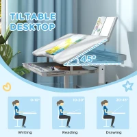 Qaba Height Adjustable Kids Desk and Chair Set with Tilt Desktop, Large Writing Board, Storage Drawer, Book Stand, Grey(m-4)