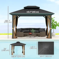 Outsunny 10' x 12' Hardtop Gazebo, Sun Shelter with Double Tier Metal Roof, Mosquito Netting, and Hanging Hook, Dark Brown(m-3)