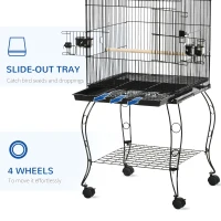 PawHut 53.9'' Large Rolling Steel Bird Cage Bird House with Detachable Rolling Stand, Storage Shelf, Wood Perch, Food Container, Black(m-4)