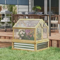 Outsunny Raised Garden Flower Bed Kit with Greenhouse, Wooden Cold Frame Planter, 35.5" x 31.5" x 36", Natural(m-2)