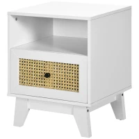 HOMCOM Bedside Table with Rattan Element, Side End Table with Drawer and Shelf, 17.7"x15.4"x22.2", White(m-11)