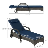 Outsunny 2 Reclining Chaise Lounge Chairs, Rolling Outdoor Chairs with Cushion, Pillow, Headrest, Armrests, and Wheels, Dark Blue(m-3)