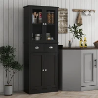 HOMCOM 61" Kitchen Pantry Cabinet, Freestanding Farmhouse Buffet Storage Cabinet with Soft Close Glass Doors and Adjustable Shelves, Black(m-9)