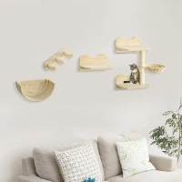 PawHut Cat Wall Shelves, 3PCs Cat Shelves with Hammock, Scratching Post, 3 Steps, Jumping Platforms, Wall Mounted Cat Climber, Beige(m-8)