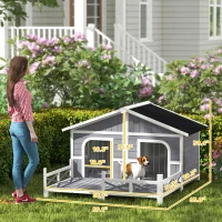 PawHut Dog House Outdoor, Wooden Dog Kennel Weatherproof with Porch, Openable Roof, Removable Bottom, Elevated Floor, Double Room for 2 Small to Medium Breeds, Gray(m-3)