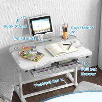 Qaba Height Adjustable Kids Desk and Chair Set with Tilt Desktop, Large Writing Board, Storage Drawer, Book Stand, Grey(m-7)