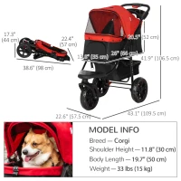 PawHut 3 Wheel Folding Dog Stroller, Travel Carrier with Adjustable Canopy, Storage Brake, Mesh Window for S&M Dogs, Red(m-3)