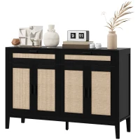 HOMCOM Kitchen Sideboard Cabinet, Boho Entryway Cabinet with Decorative Rattan Doors and Drawers for Dining Room, Black(m-1)