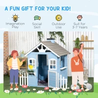 Outsunny Wooden Playhouse for Kids Outdoor with Flower Pot Holders, Door, Windows, Service Stations for 3-7 Years, Blue(m-6)