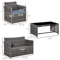 Outsunny 4 Pieces Patio Furniture Set with Cushions, Outdoor PE Rattan Wicker Conversation Garden Sofa Set with 2-Seater Chairs & Glass Coffee Table, Grey(m-3)