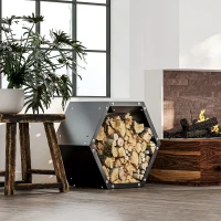 Outsunny Hexagon Firewood Log Rack Heavy-Duty Steel Log Holder for Outdoor Indoor Use, 25.6" x 14.6" x 22.4", Black(m-7)