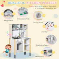 Qaba Wooden Play Kitchen with Realistic Lights Sounds, Microwave, Range Hood, Cooking Accessories, Adjustable Height, White(m-4)