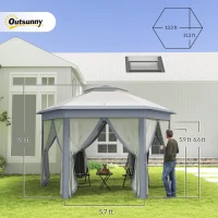 Outsunny 13' x 13' Pop Up Gazebo Hexagonal Canopy Shelter with 6 Zippered Mesh Netting for Patio Backyard Garden Wedding Party(m-3)