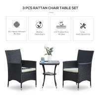 Outsunny 3 Piece Rattan Bistro Table Chairs Set Outdoor Cushioned - Black(m-4)