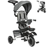 Aosom 6-in-1 Toddler Tricycle for 12-50 Months, Foldable Kids Trike with Adjustable Seat and Push Handle, Safety Harness, Removable Canopy, Footrest, Grey(m-2)
