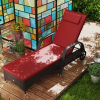 Outsunny Outdoor Lounger, Deck Lounge Chair with Headrest, 5-Level Adjustable, Backrest, Wheels, Deep Coffee and Wine Red(m-10)