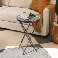 Outsunny Mosaic Outdoor Patio Side Table, 14" Round Folding Outdoor Coffee Table with Steel Frame for Balcony Deck Patio Terrace, Blue