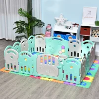 Qaba Baby Enclosure, 16 Panels Baby Playpen Baby Play Yard, Indoor & Outdoor Kids Activity Center, Green(m-8)