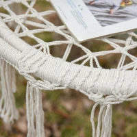 Outsunny Patio Hammock Chair, Hanging Rope Hammock Swing for Indoor & Outdoor Use with Backrest, Cotton-Polyester Blend, Fringe Tassels, Cream White(m-9)