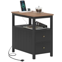 HOMCOM Side Table with Charging Station and USB Ports, Narrow End Table with Drawers, Shelf for Living Room, Black(m-11)