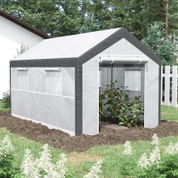 Outsunny 12' x 7' x 7' Greenhouse, Walk-in Outdoor Tunnel Green House with PE Cover, Steel Frame, 2 Roll-Up Zipper Doors & 4 Windows for Flowers, Vegetables, Tropical Plants, White/Dark Gray(m-10)