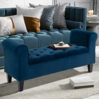 HOMCOM Button-Tufted Storage Ottoman Bench, Upholstered Bench with Rolled Armrests for Living Room or Hallway, Blue(m-4)