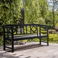 Outsunny Wooden Patio Bench, Outdoor Garden Bench with Backrest and Armrests, 3 Person Porch Bench with Rustic Country Diamond Pattern, Black(m-10)