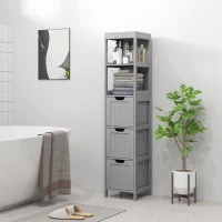 kleankin Narrow Bathroom Cabinet with 3 Drawers and 2 Tier Shelf, Tall Cupboard Freestanding Linen Tower, Grey(m-1)