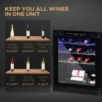 HOMCOM 18 Bottle Wine Cooler, Mini Beverage Fridge, Freestanding Wine Cellar with Digital Temperature Control, 3 Removable Shelves, Glass Door, Alarm Function and LED Lighting, Black(m-8)